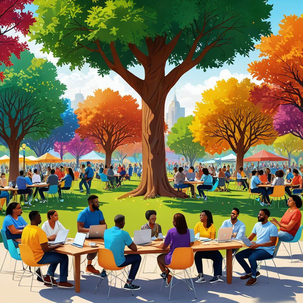 A vibrant illustration of diverse people engaged in lively discussions in a community park, surrounded by colorful banners showcasing various content creation themes. Include elements like laptops, notepads, and creative tools to signify brain-storming sessions. The backdrop features a large tree symbolizing growth and connection. Bright and inviting colors evoke a sense of community and collaboration. super-realistic. vibrant colors. 3D.