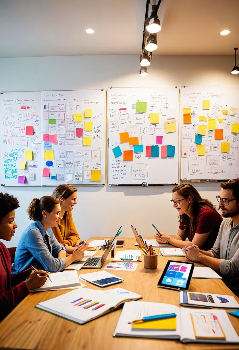 A visually dynamic workspace filled with colorful notebooks, digital devices, and brainstorming charts illustrating the journey from insights to engagement. Include elements representing creativity like light bulbs, pencils, and social media icons. The background should suggest a collaborative environment, with people discussing content ideas enthusiastically. vibrant colors. super-realistic.