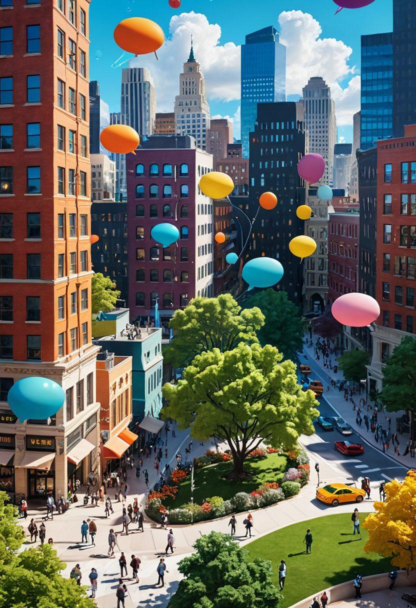 A vibrant and interconnected cityscape filled with diverse groups of people engaged in dynamic conversations. Iconic landmarks symbolizing community engagement, such as parks and community centers, are visible. Colorful speech bubbles float around, representing various topics of discussion. The scene is bustling with energy and inclusivity. super-realistic. vibrant colors. 3D.